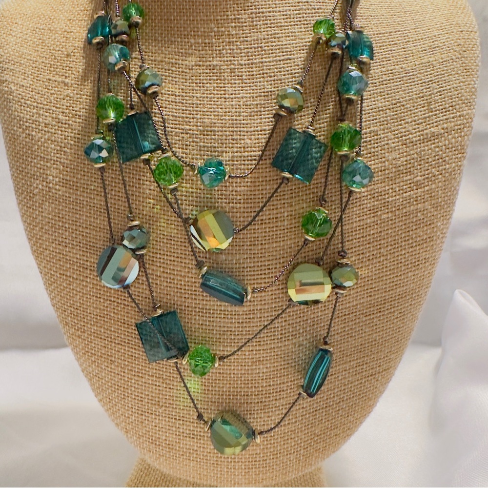 13" Triple Black Wire Chain Necklace Multi-Faceted Green Iridescent Mixed Beads
